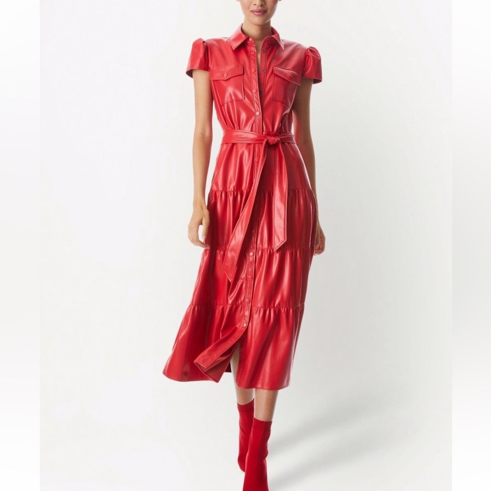 Alice and Olivia faux leather red belted midi dress
